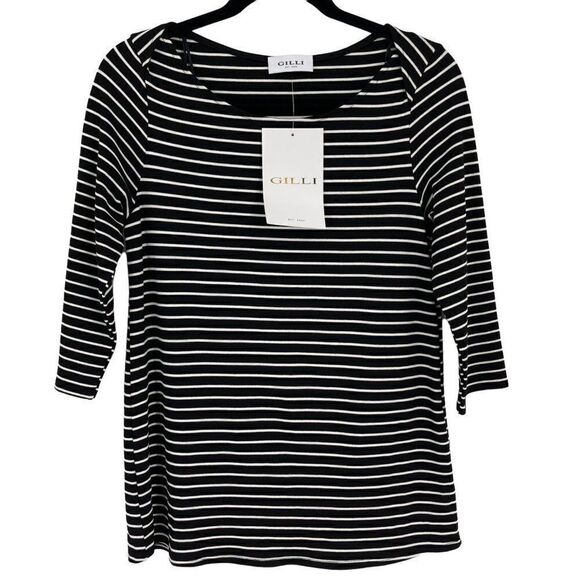 Gilli Black White Stripe 3/4 Length Sleeve Boatneck Blouse NWT Women Small - Picture 1 of 11